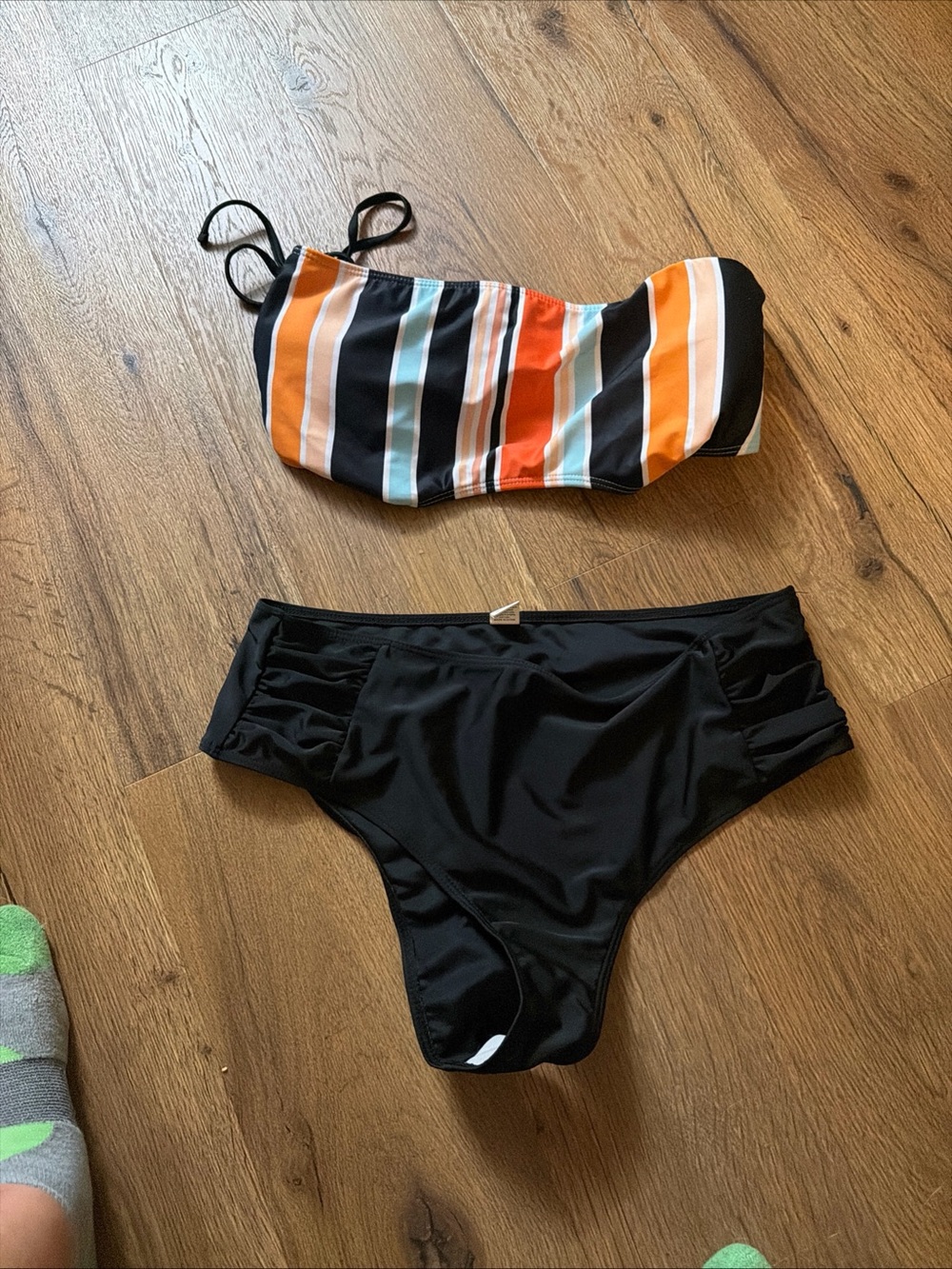 Striped Bandeau Bikini Top with High-Waist Black Bottoms